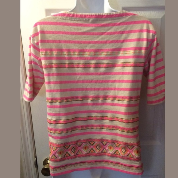 J. CREW Embroidered Stitchwork Striped Top Tee Shirt Blouse Neon Pink Orange - Picture 6 of 9